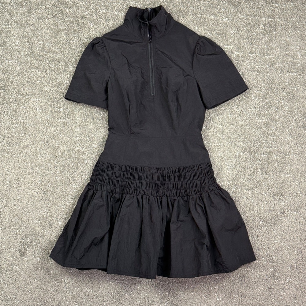Urban Outfitters Dress Womens XS‎ Black Quarter Zip Smocked Ruffle Mini Nylon